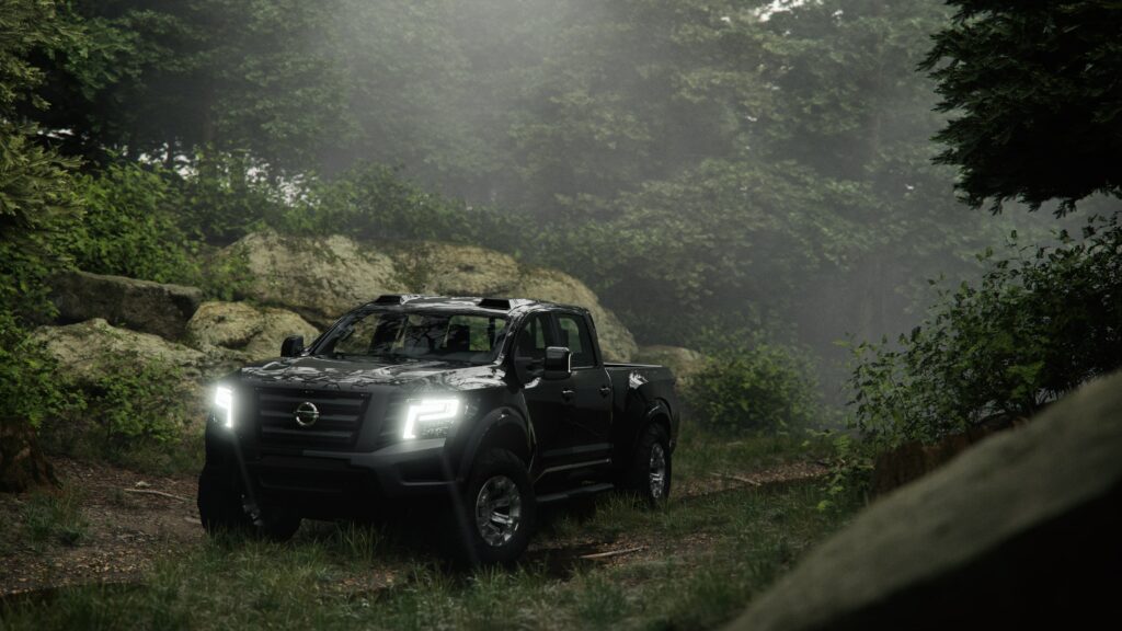 A photorealistic rendering of a black pick-up truck in the middle of a digitally created forest